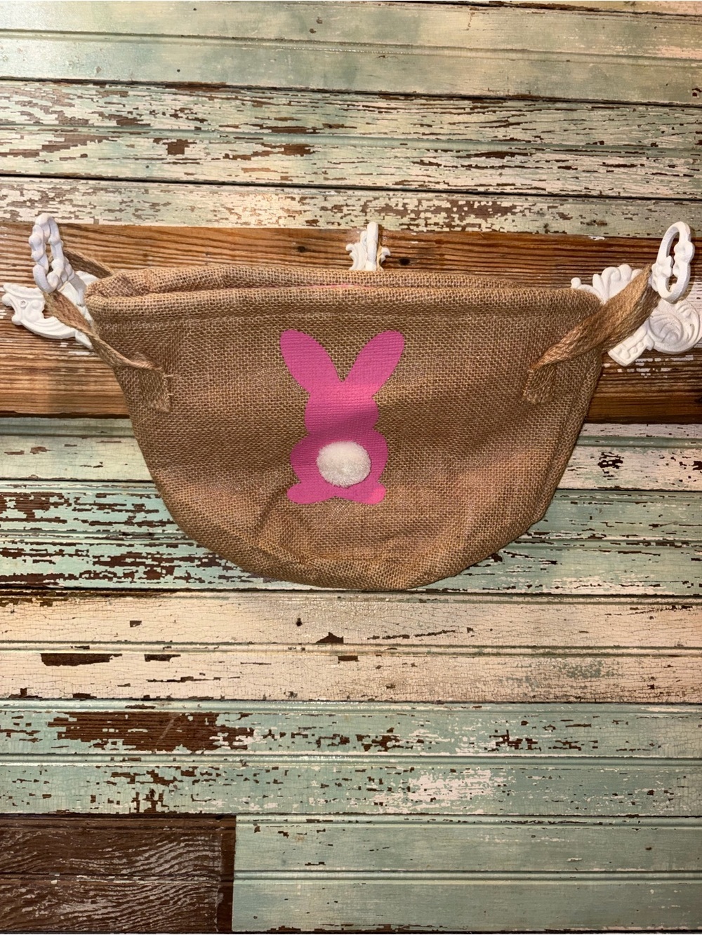 Burlap Hanging Storage Bag with Pink Bunny Accent